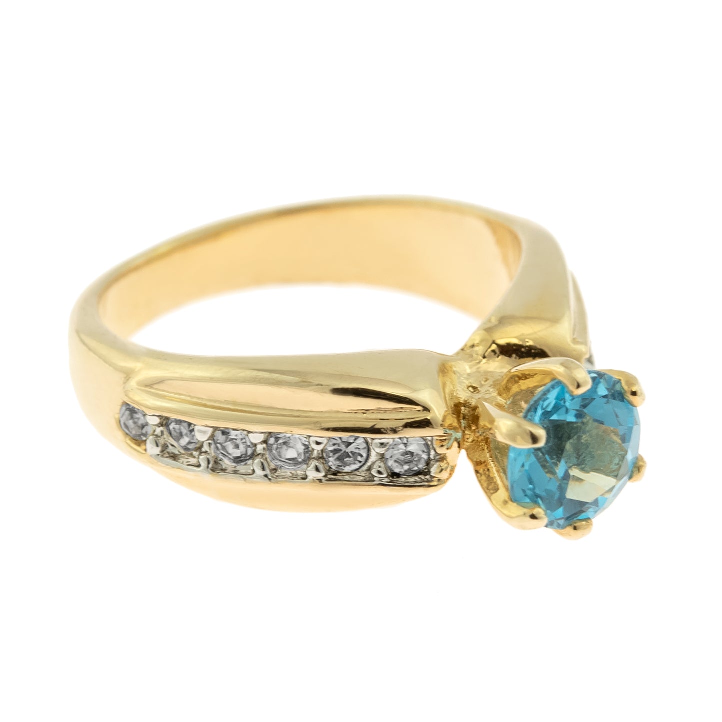 Vintage Ring Genuine Blue Topaz and Clear Austrian Crystals 18kt Yellow Gold Plated Made in USA Size: 6