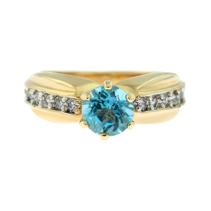 Vintage Ring Genuine Blue Topaz and Clear Austrian Crystals 18kt Yellow Gold Plated Made in USA Size: 6