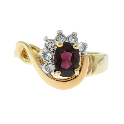 Vintage Ring Genuine Garnet and Clear Austrian Crystals 18kt Yellow Gold Plated Made in USA Size: 7