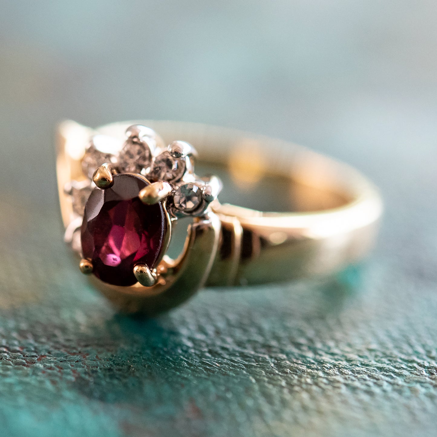 Vintage Ring Genuine Garnet and Clear Austrian Crystals 18kt Yellow Gold Plated Made in USA Size: 7
