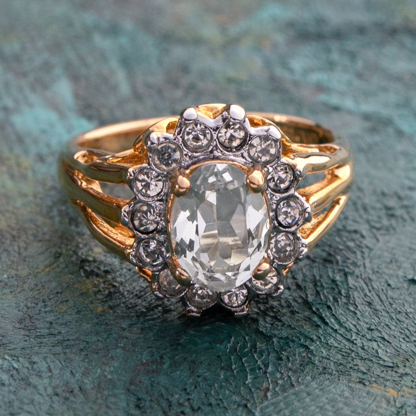 Vintage Jewelry Genuine Stone or Crystal Surrounded by Clear Austrian Crystals Ring Made in the USA