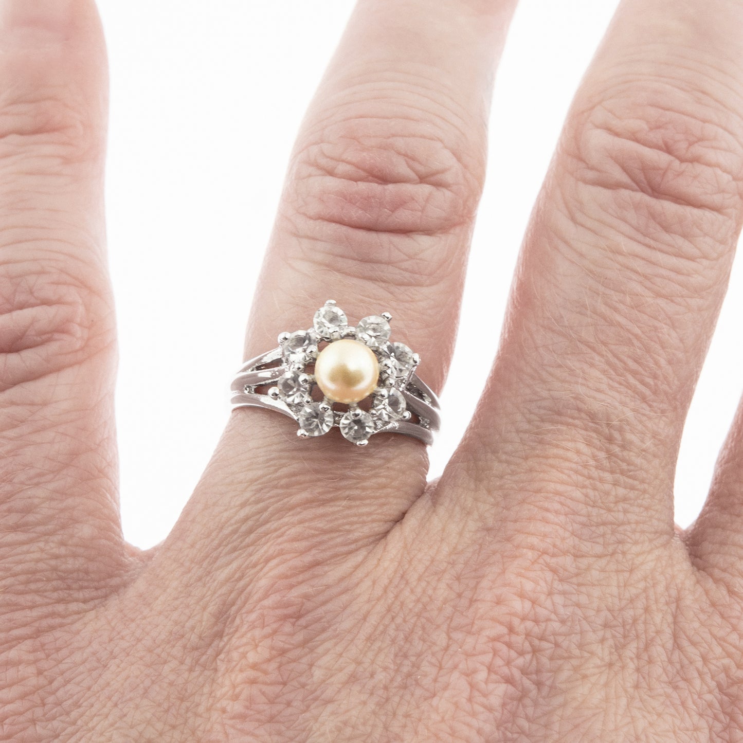 Vintage Pearl and Clear Crystal Ring Genuine Rhodium Plated Made in USA Size 5