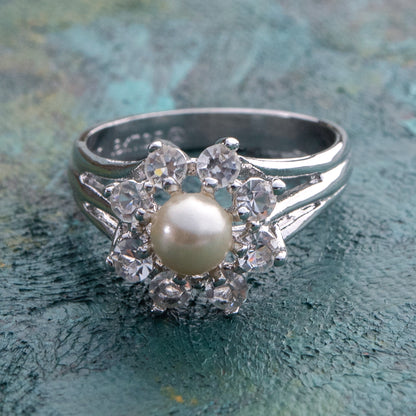 Vintage Pearl and Clear Crystal Ring Genuine Rhodium Plated Made in USA Size 5