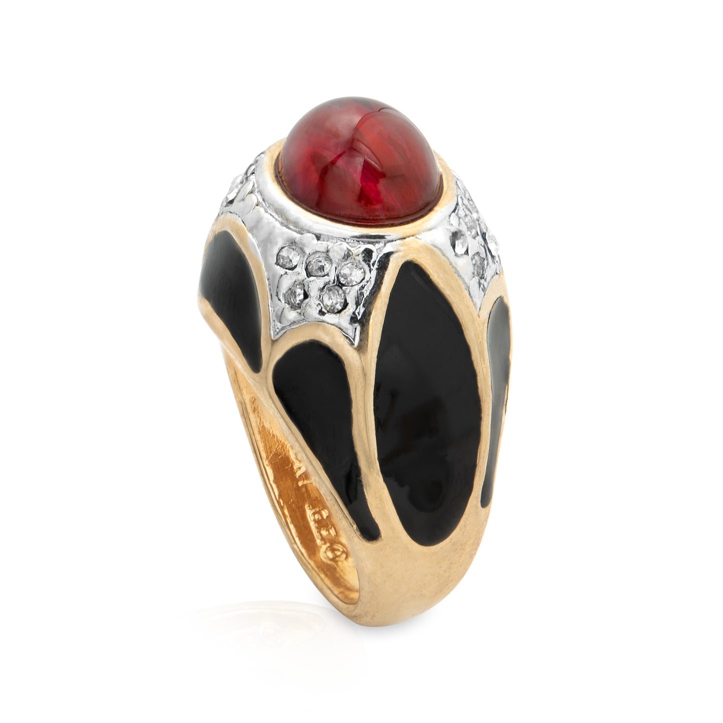 Vintage Ring 1980s Black Enamel Ring with Ruby Cabochon Stone Surrounded by Clear Crystals (6)