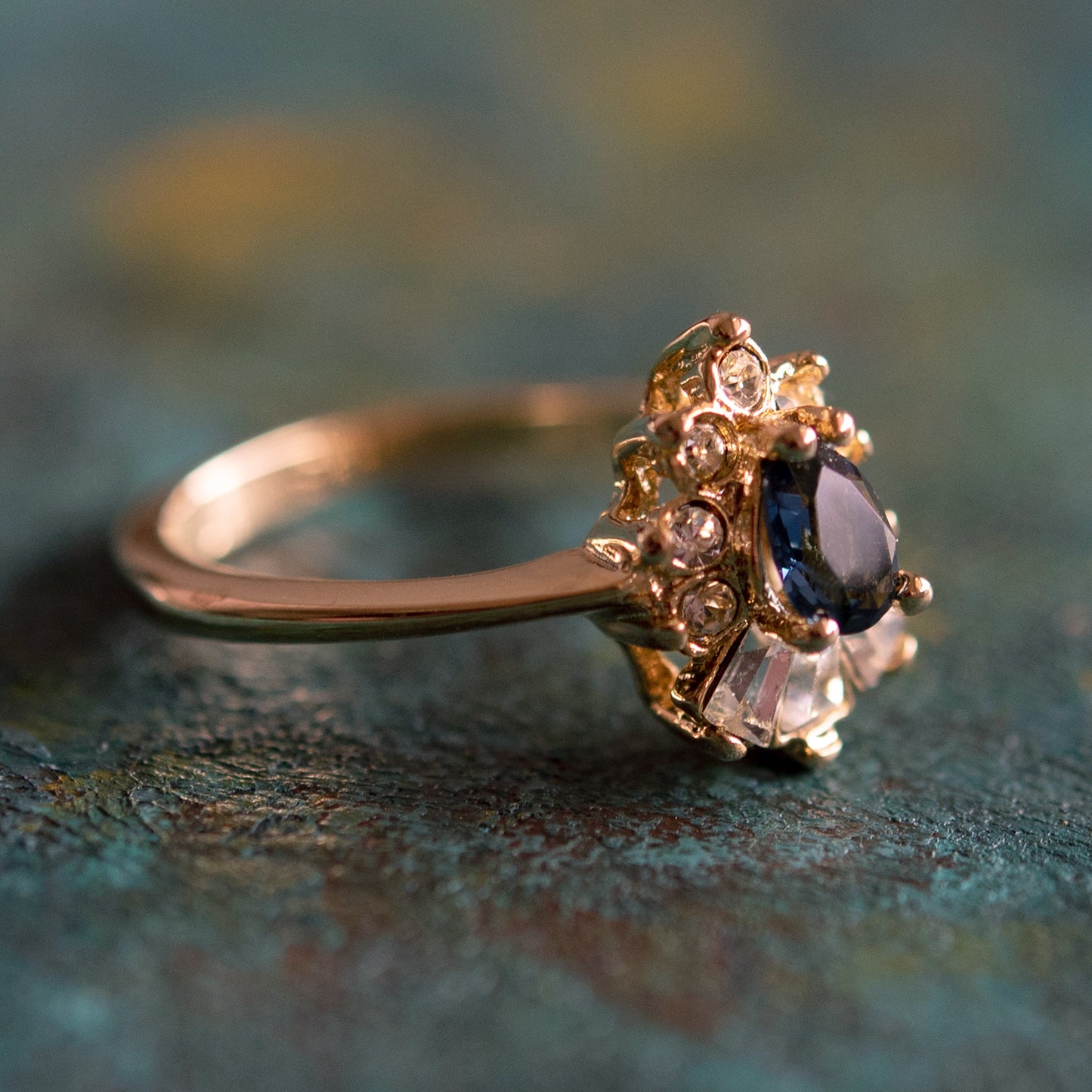 Vintage 1990's Ring Ruby and Clear Austrian Crystals 18k Yellow Gold Plated