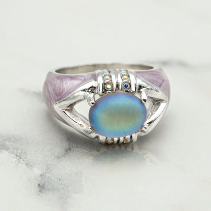 Vintage Ring 1990's Moonstone, Emerald, or Amethyst and Clear Crystals Dome Ring Womans Antique Jewlery