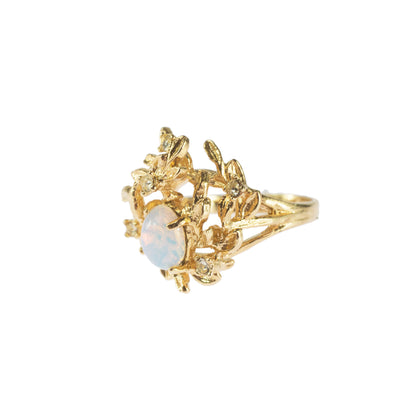Vintage Flower Petals Ring with Jelly Opal and Clear Crystals 18k Yellow Gold Electroplated Size: 4