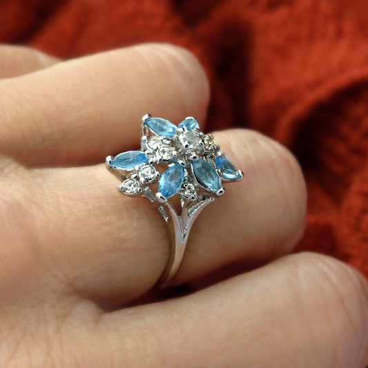 Vintage Ring Aquamarine and Clear Swarovski Crystals 18k White Gold Unique Cluster Antique Womans #R1863-AQW Size: 4