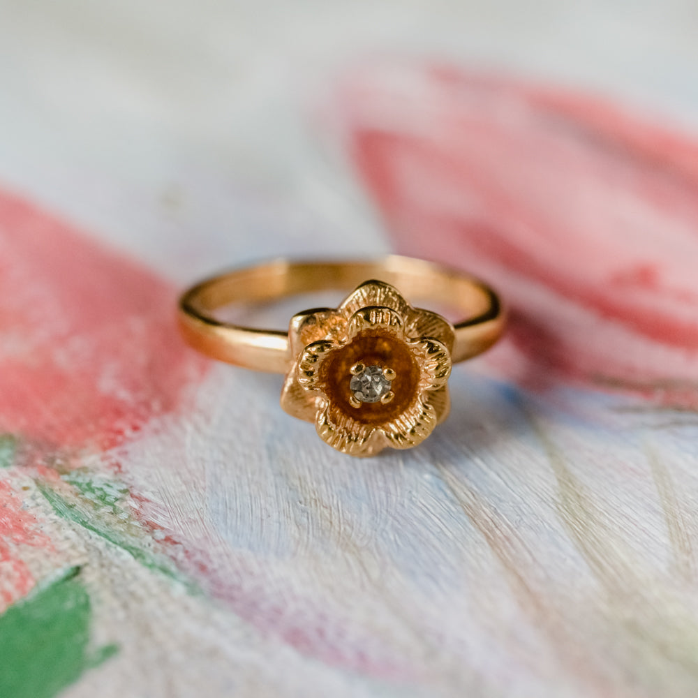 Vintage Flower Ring Clear Crystal 18k Yellow Gold Electroplated