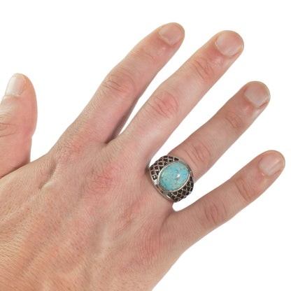 Vintage 1980's Men's Ring Turquoise Bead Antiqued 18k White Gold Electroplated Ring Made in USA Size: 7