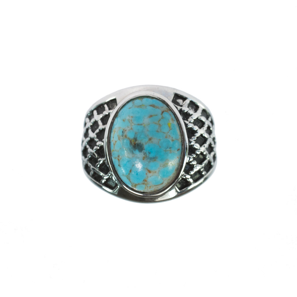 Vintage 1980's Men's Ring Turquoise Bead Antiqued 18k White Gold Electroplated Ring Made in USA Size: 7