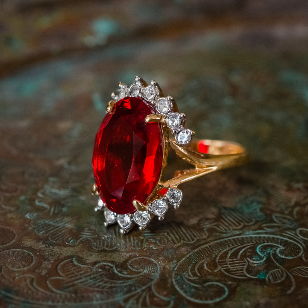Vintage 1970's Ring Ruby and Clear Austrian Crystals 18k Yellow Gold Plated Band Made in USA
