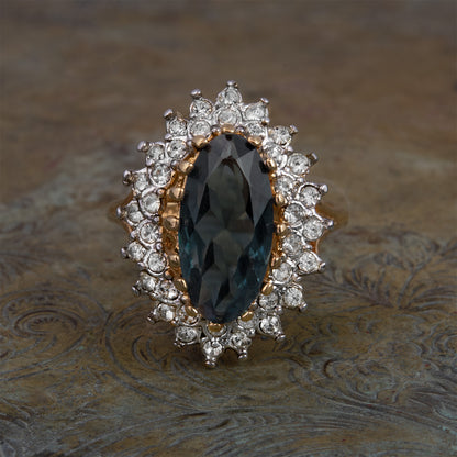 Vintage Ring Sapphire Crystal Cocktail Ring with Clear Austrian Crystals Plated in Gold Tone Antique Womans Jewelry