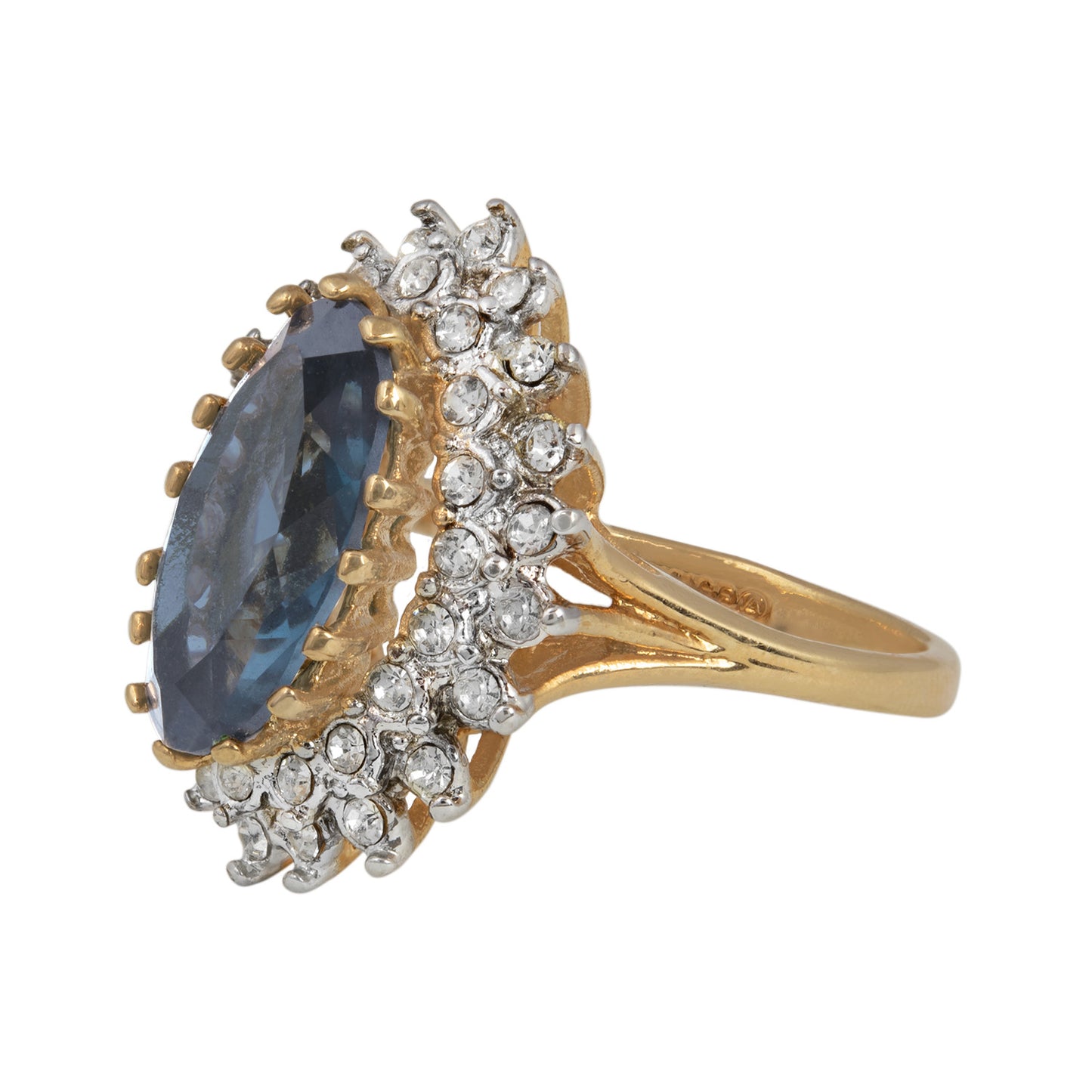 Vintage Ring Sapphire Crystal Cocktail Ring with Clear Austrian Crystals Plated in Gold Tone Antique Womans Jewelry Size: undefined