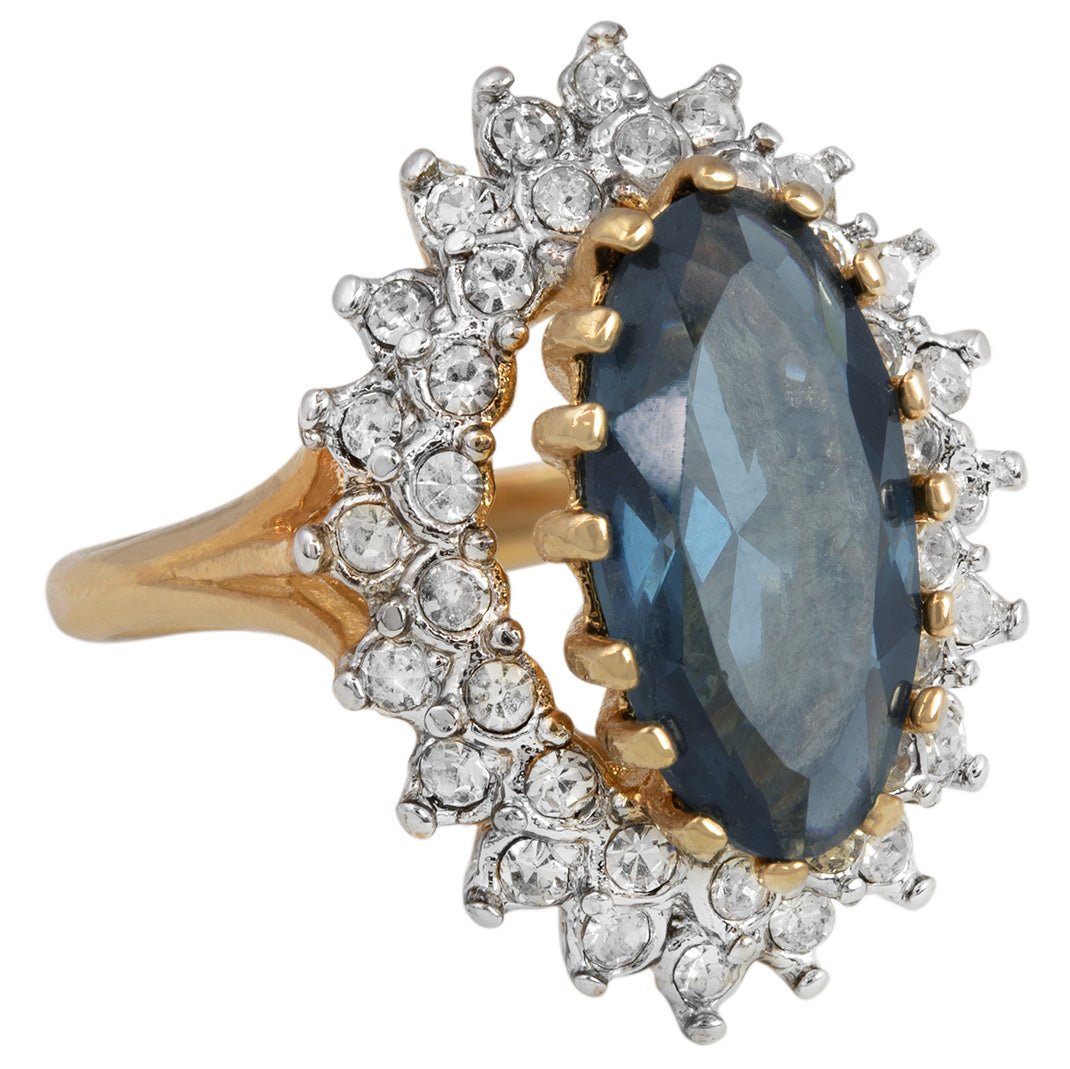 Vintage Ring Sapphire Crystal Cocktail Ring with Clear Austrian Crystals Plated in Gold Tone Antique Womans Jewelry Size: undefined