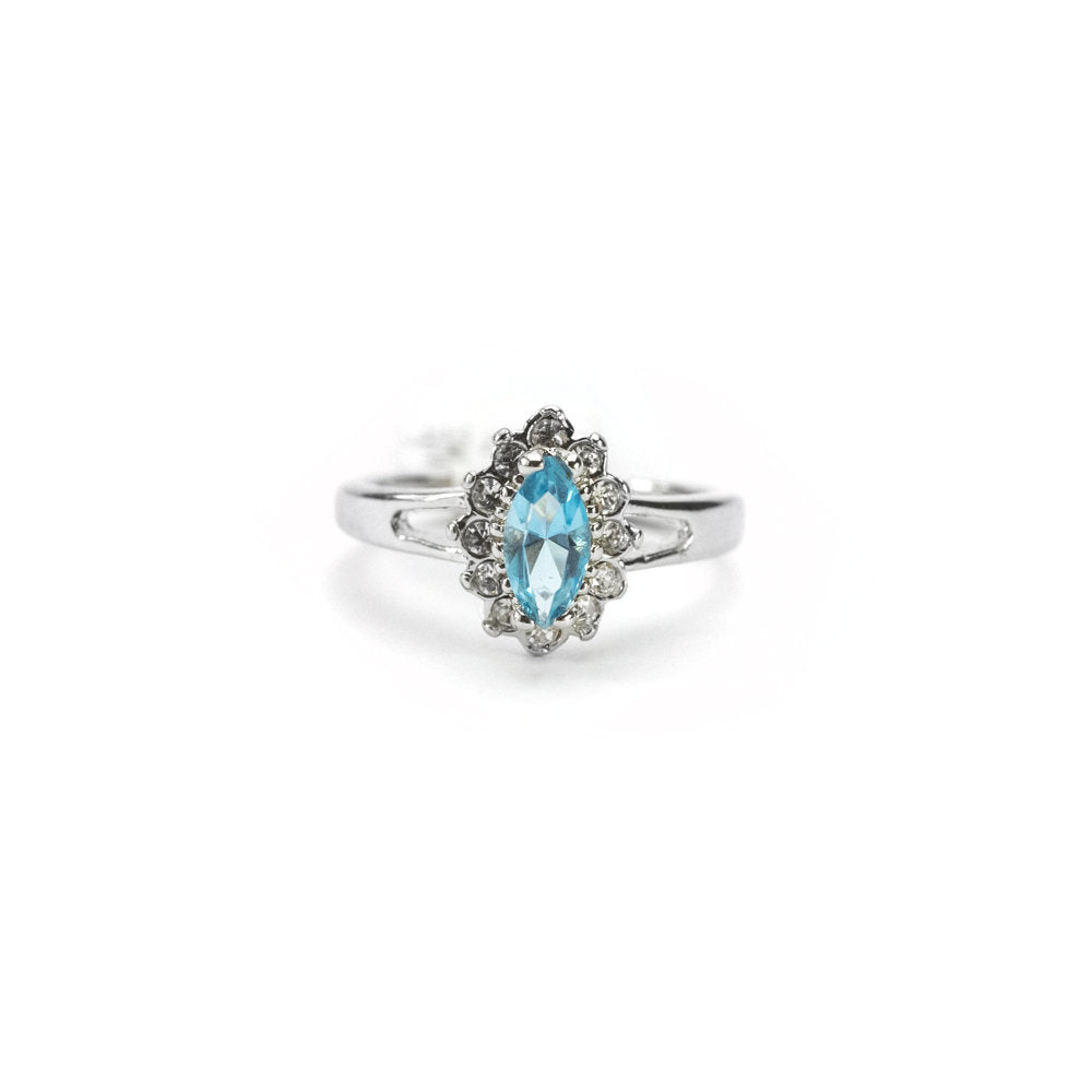 Vintage Ring Aquamarine and Clear Austrian Crystals 18kt White Gold Electroplated Made in USA