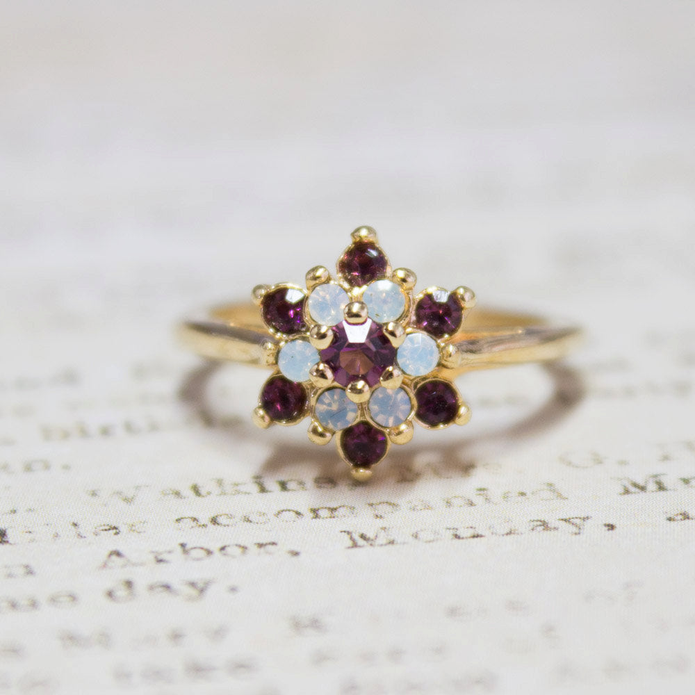 Vintage Rose and Amethyst Austrian Crystal Star Ring 18k Yellow Gold Electroplate Made in the USA