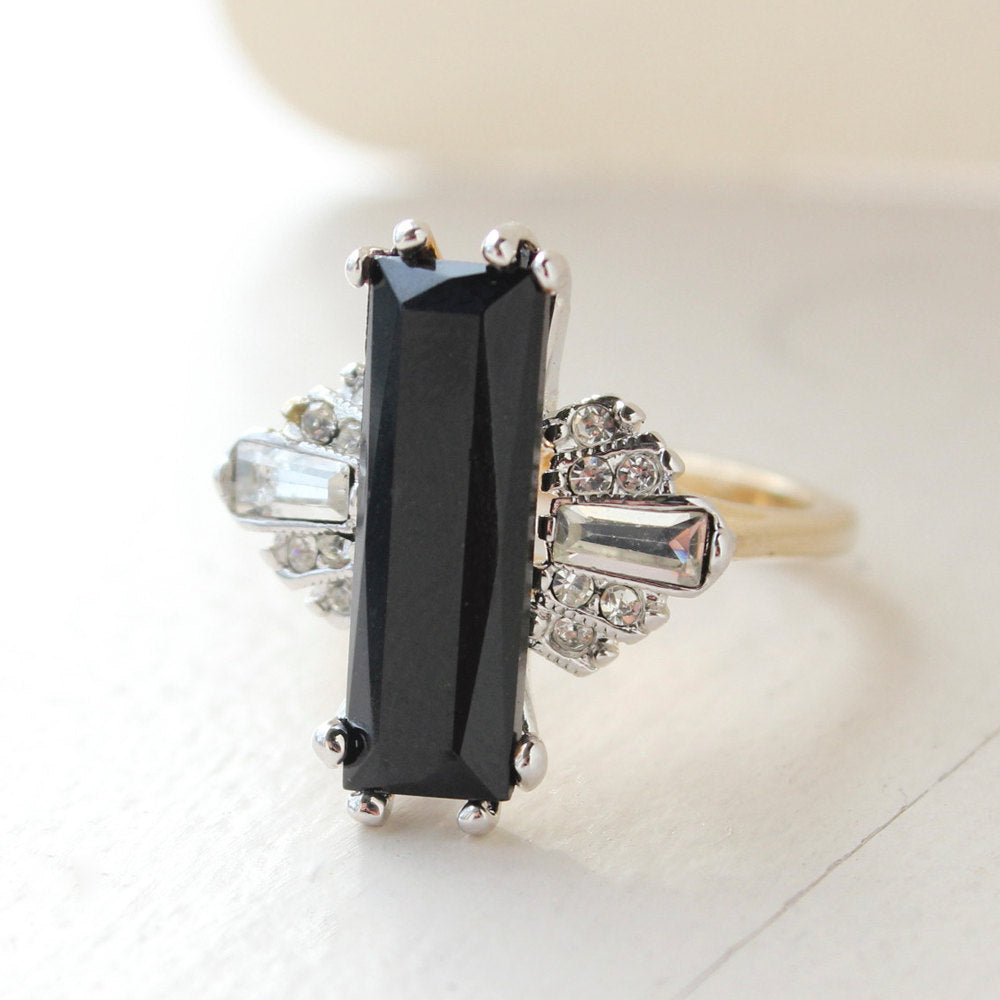 Vintage Ring Jet Black and Clear Swarovski Crystals Antique 18k Gold Womans Jewelry Handmade Ring#R1744 Size: 5