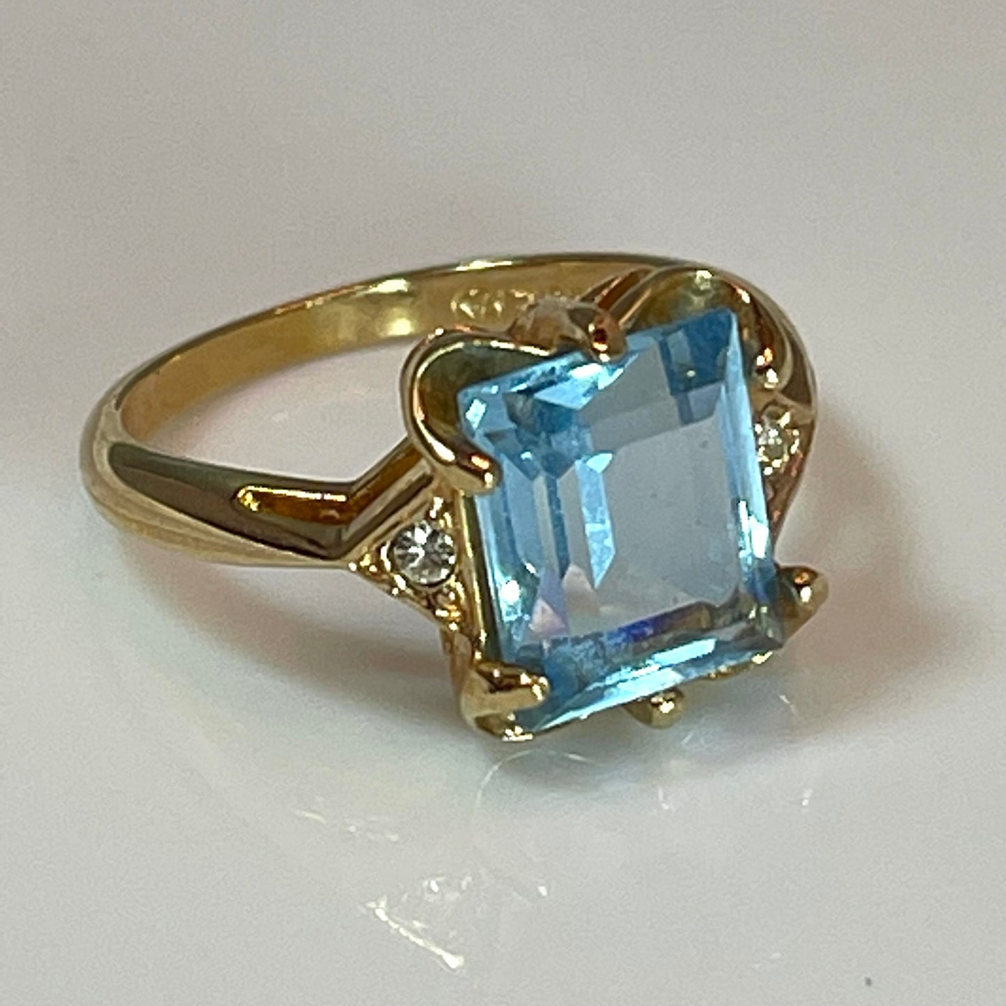 Vintage Ring Emerald Cut Blue Topaz Crystal 18kt Yellow Gold Eectroplated Ring December Birthstone
