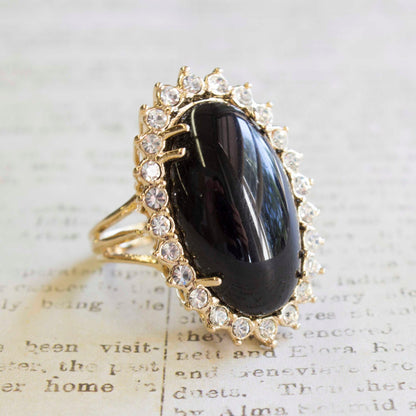 Vintage Ring Sapphire Crystal Surrounded by Clear Crystals 18kt Yellow Gold Electroplated