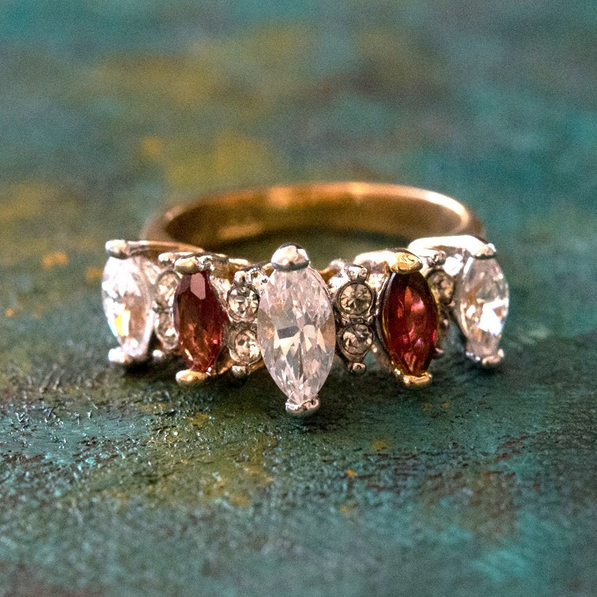 Vintage Genuine Garnet and Clear Cubic Zirconia Cocktail Ring 18k Yellow Gold Electroplated