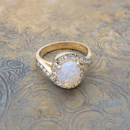 Vintage Ring 1980's Jelly Opal Ring with Clear Swarovski Crystals 18k Gold Womens Jewelry R9011 SIZE 6