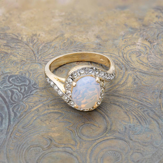 Vintage Ring 1980's Jelly Opal Ring with Clear Swarovski Crystals 18k Gold Womens Jewelry R9011 SIZE 6