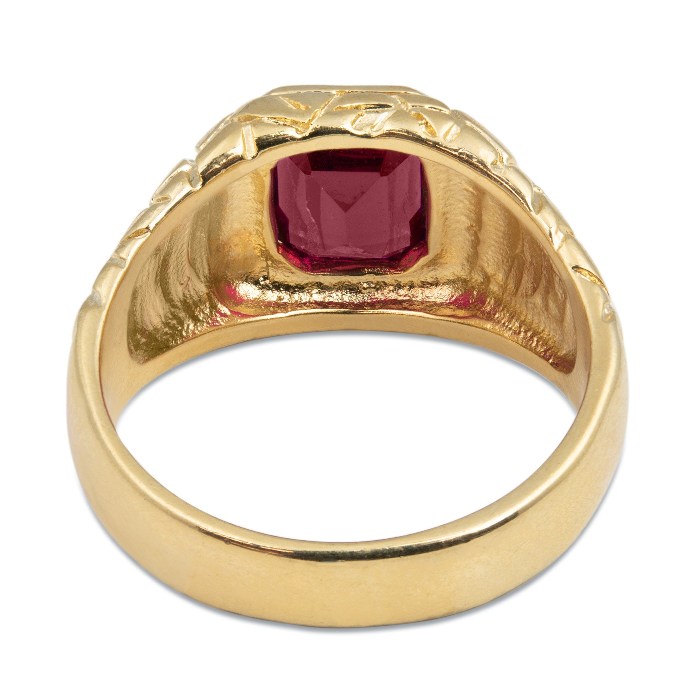 Vintage Large 9ct Yellow Gold Synthetic Ruby Signet Ring Circa 1950's