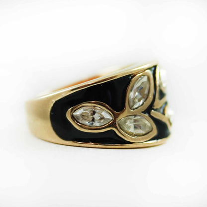 Vintage 1980's Black Enamel Ring with Clear Austrian Crystals Leaf Motif 18k Gold Plated