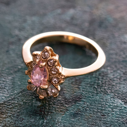 Vintage 1990's Ring Ruby and Clear Austrian Crystals 18k Yellow Gold Plated