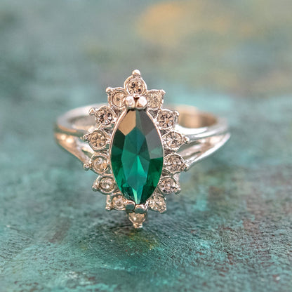 Vintage Emerald and Clear Swarovski Crystals 18k White Gold Electroplated Ring May Birthstone R1891 Size 8