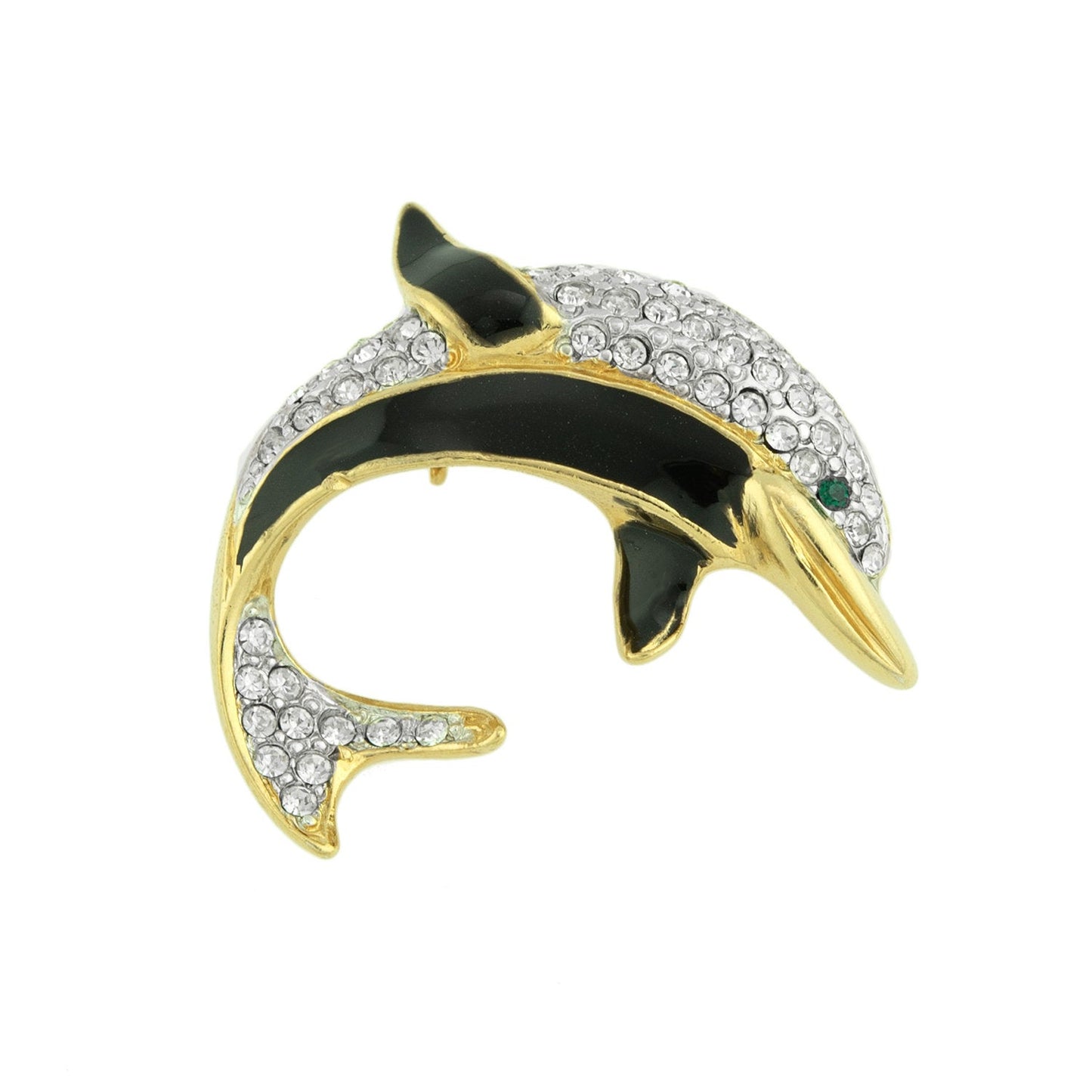 Vintage Ring Dolphin Pin Hand Painted and Clear Swarovski Crystals Emerald Crystal Eye 18k Gold Size: undefined