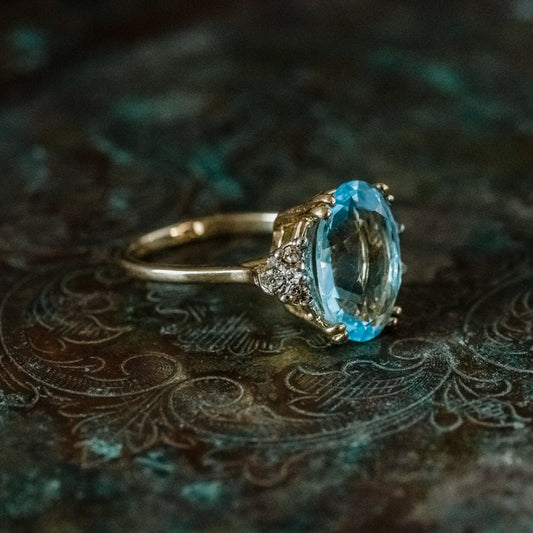 Vintage Aquamarine Oval Cut Austrian Crystal and Clear Crystals Cocktail Ring on Two Tone Accent March Birthstone Made in USA #R1301