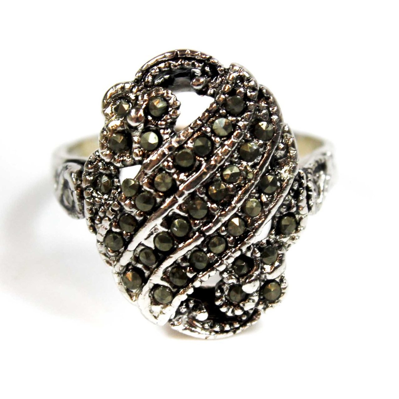Vintage Unique Genuine Marcasite Ring 18k White Gold Made in USA Size: 10