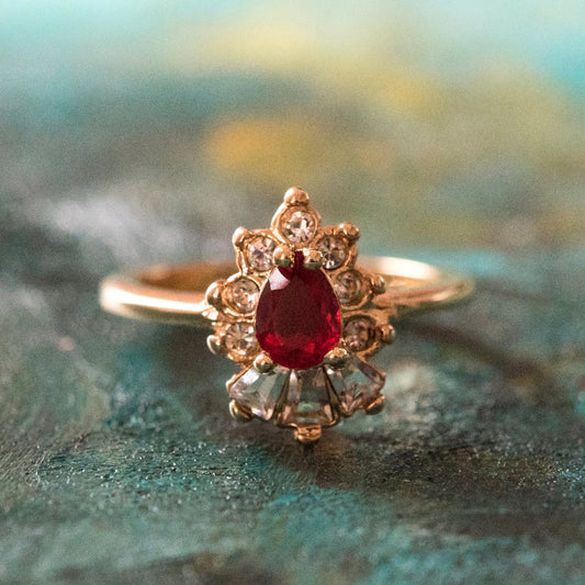 Vintage 1990's Ring Ruby and Clear Austrian Crystals 18k Yellow Gold Plated