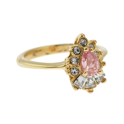 Vintage 1990's Ring Ruby and Clear Austrian Crystals 18k Yellow Gold Plated