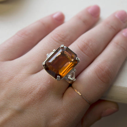 Vintage Ring Cocktail Ring Smoky Topaz and Clear Swarovski Crystals Rhodium Plated Silver Tone #R2239 Size: 9