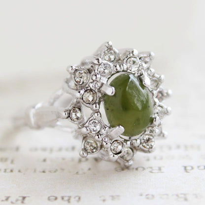 Vintage Ring Genuine Jade surrounded with Austrian Crystals 18k Yellow Gold Electroplated