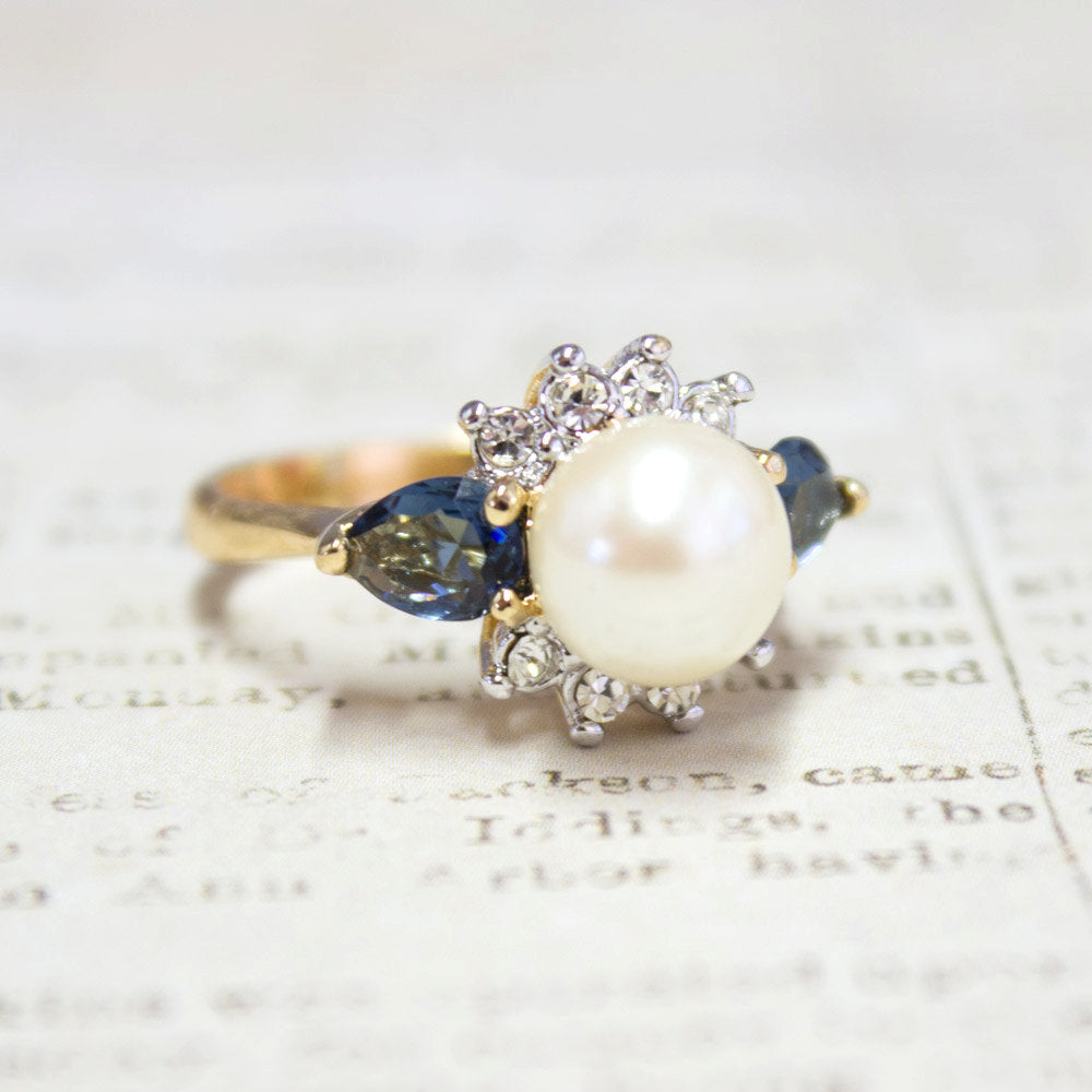 Vintage 1970's Faux Pearl Ring with Sapphire Austrian Crystals 18kt Yellow Gold Electroplated Size: 9