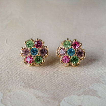 Vintage Pastel Flower Pierced Earrings 18k Yellow Gold Electroplated Made in USA