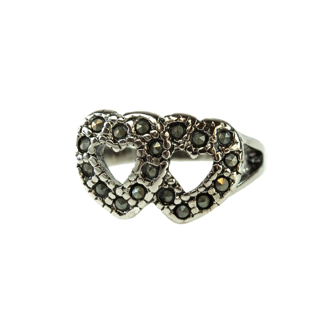 Vintage Ring Genuine Marcasite Double Heart Ring Antique 18k White Gold Silver Antique Womans Jewelry R1758