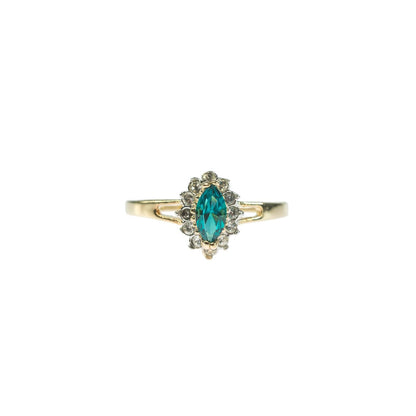 Vintage Ring Aquamarine and Clear Austrian Crystals 18kt White Gold Electroplated Made in USA