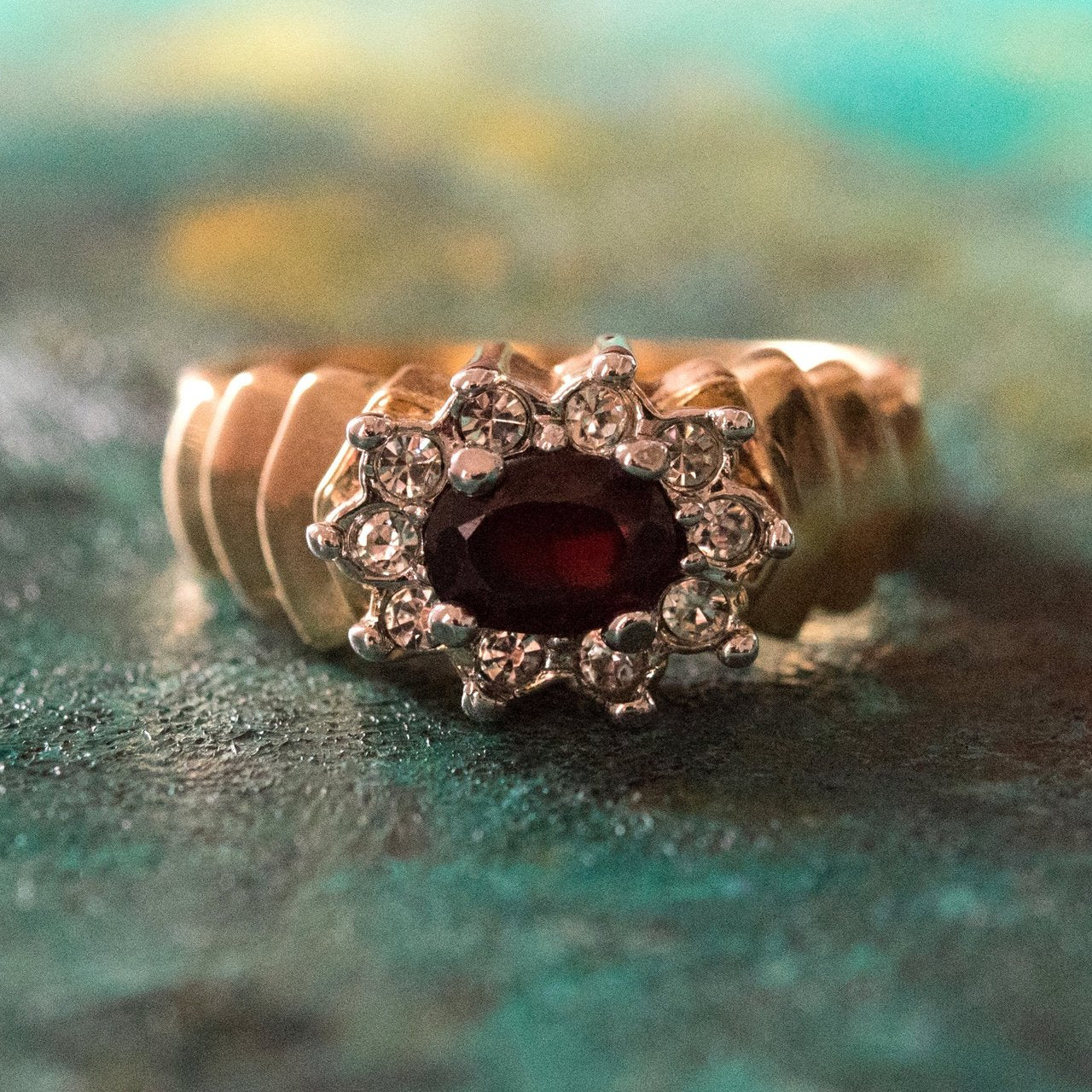 Vintage Ring Genuine Garnet and Clear Swarovski Crystals 18kt Gold Electroplated Band January Birthstone