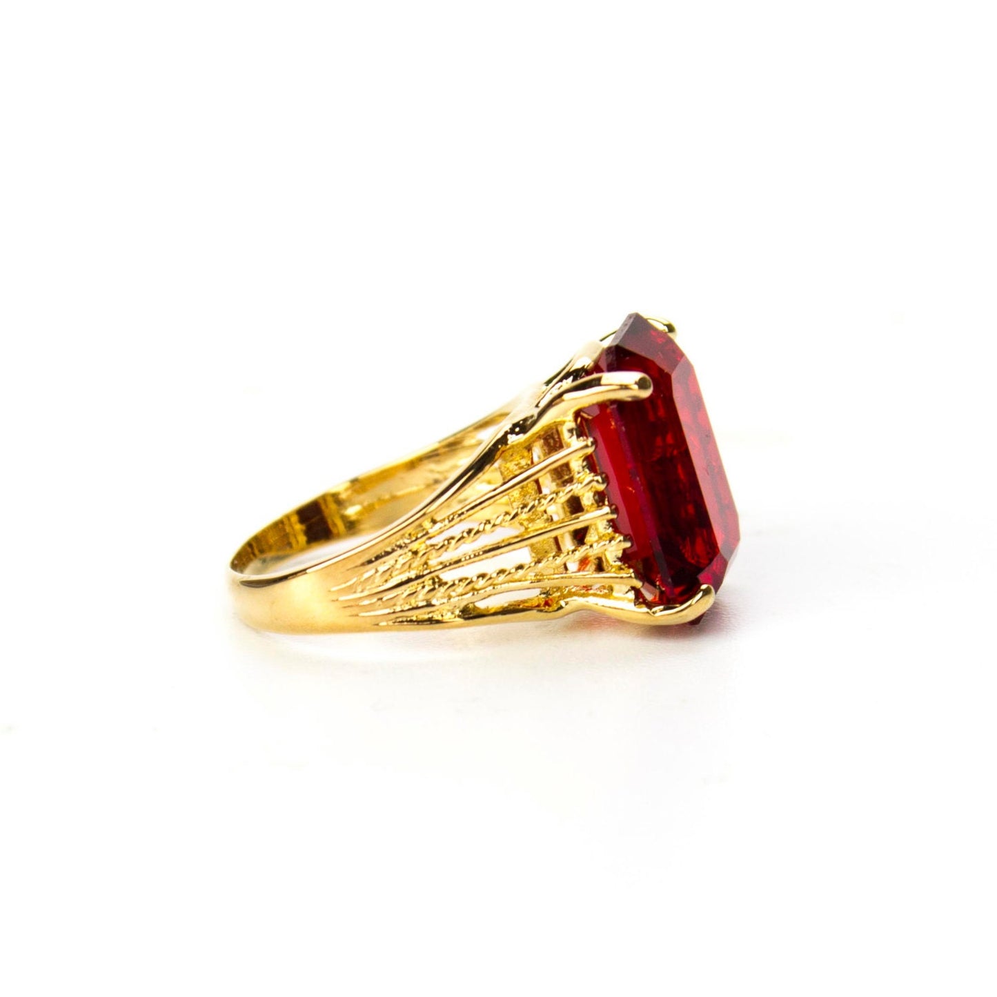 Vintage 1970s Ruby Austrian Crystal 18k Yellow Gold Electroplated Cocktail Ring Made in USA #R694