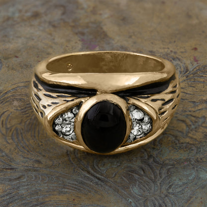 Vintage Ring 1980s Mens Onyx and Austrian Crystal 18kt Gold Plated Antique Ring #R6001