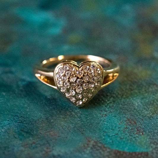 Vintage Ring Clear Swarovski Crystals Heart Ring 18k Gold Womans Antique Jewelry Rings R1765 Size: 6