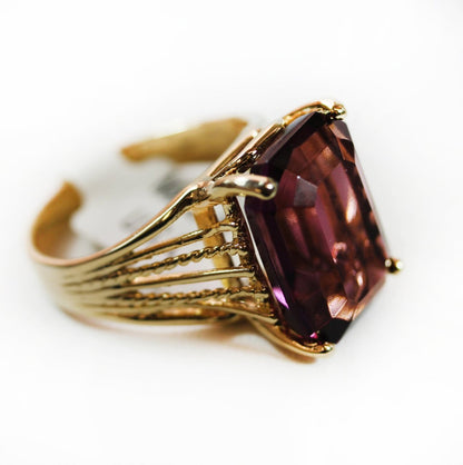 Vintage 1970s 18k Gold Electroplated Cocktail Ring Amethyst Austrian Crystal Made in USA