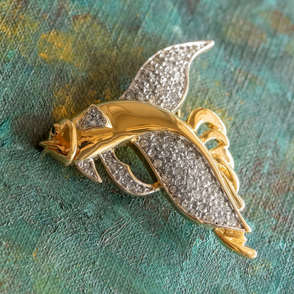 Vintage Fish Pin Clear Austrian Crystals 18kt Yellow Gold Electroplated Made in USA