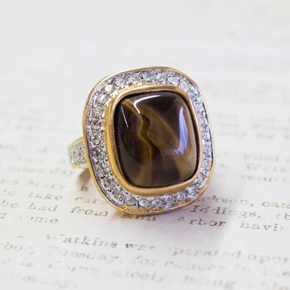Vintage Ring Genuine Tiger Eye Swarovski Crystals 18k Gold Cocktail Ring #R1974 Size: 10