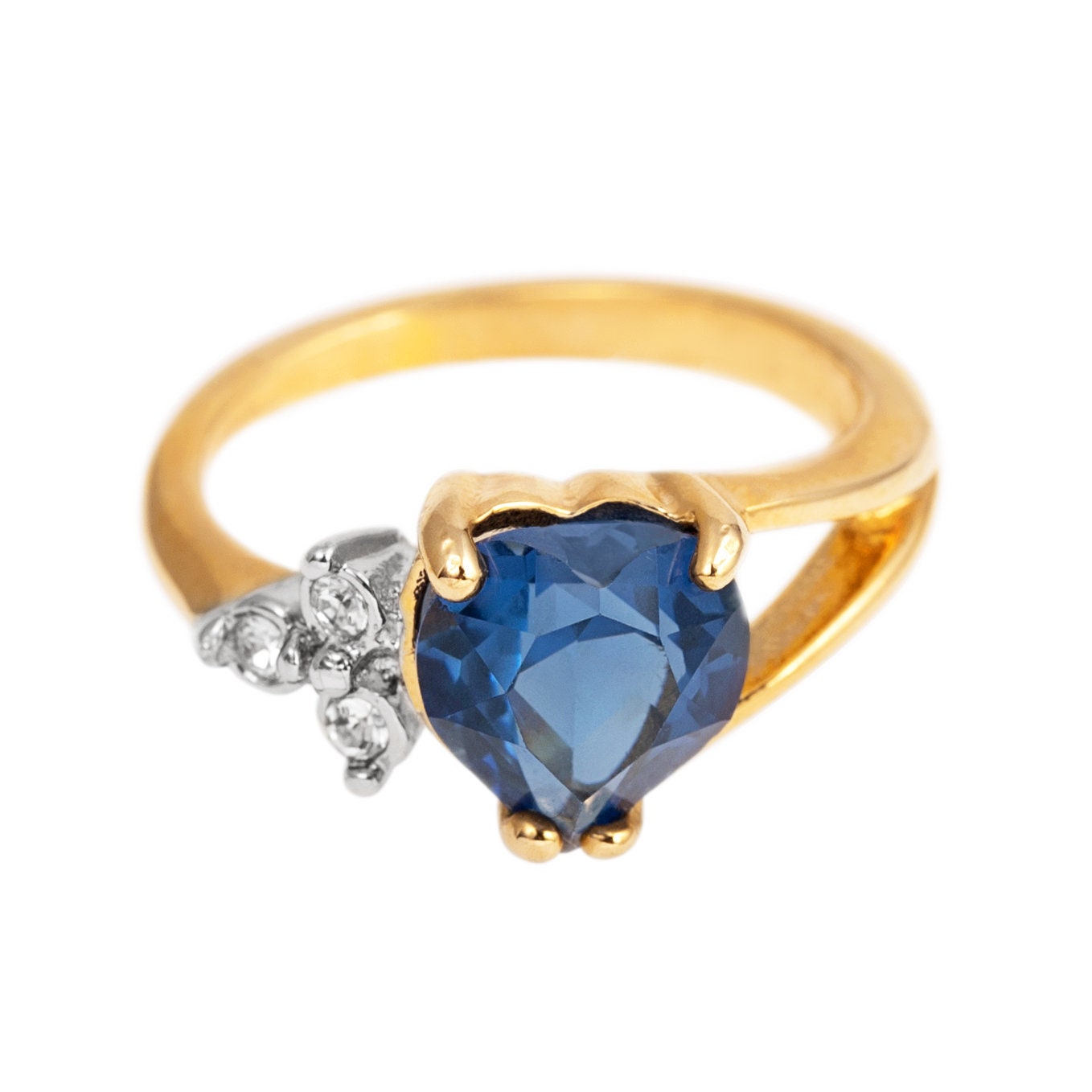 Vintage Ring Sapphire Cubic Zirconia and Clear Austrian Crystals 18kt Yellow Gold Electroplated Made in USA Size 4